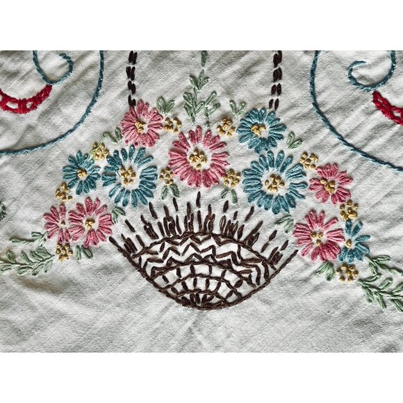 Handmade Other - Vintage Hand-Embroidered Floral Tablecloth 50" X 45" Rectangular Cotton Linen Bl